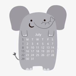 灰色2018年七月大象动物日历矢量图素材