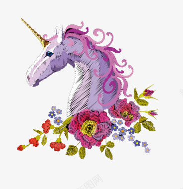 紫色花朵独角兽胸前印花图案矢量图图标图标