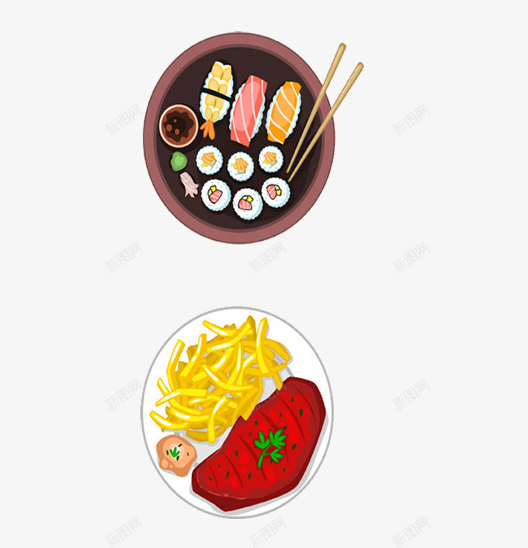 食物的搭配png免抠素材_88icon https://88icon.com 牛肉 筷子 红酒牛排 美味 薯条