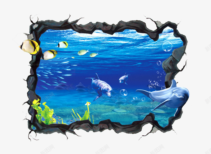 蓝色海洋png免抠素材_88icon https://88icon.com 3d 3d墙 海洋 画 设计 鱼