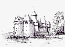 素描风手绘外部城堡线稿简笔画素材