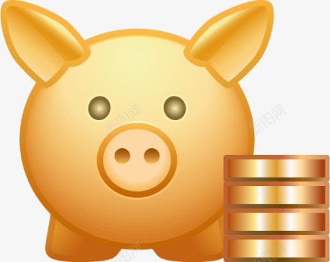卡通手绘猪小福猪存钱罐和金币图标图标