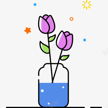 蓝色透明日式花瓶紫色植物花朵郁金香元素矢量图图标图标