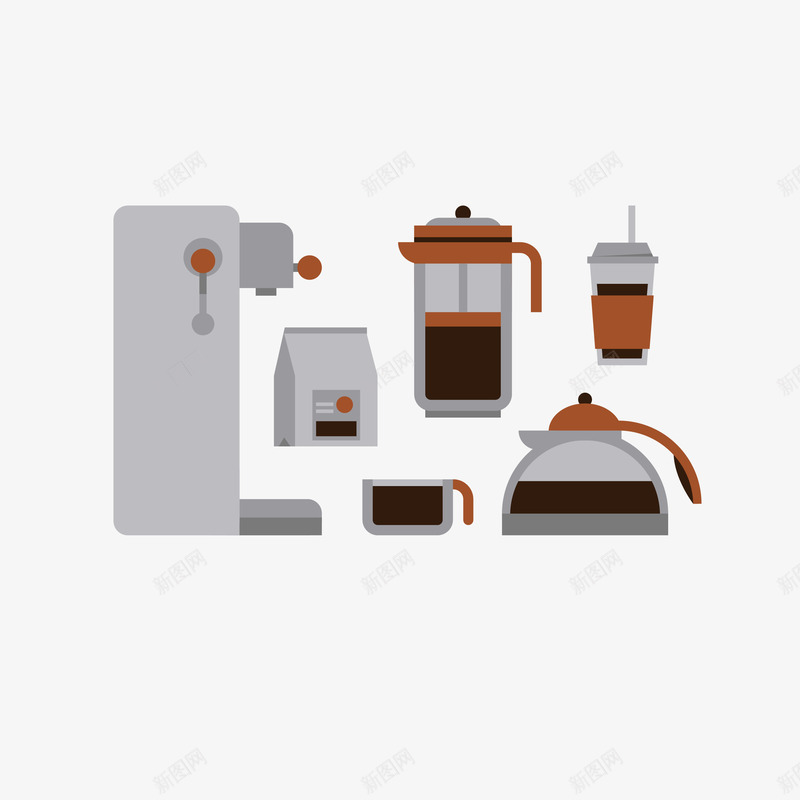 灰色扁平化咖啡器具矢量图ai免抠素材_88icon https://88icon.com 咖啡 咖啡包装 咖啡器具 咖啡机 咖啡杯 意式浓缩咖啡机 法压壶 灰色 简洁 简约 矢量图
