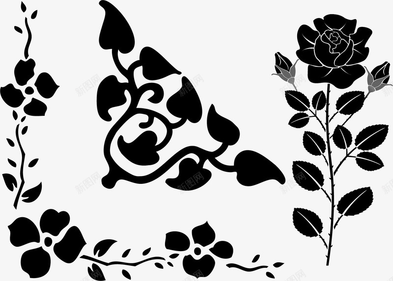 黑色花朵装饰图案png免抠素材_88icon https://88icon.com 图案 图案设计 墙纸 玫瑰花剪影 花纹 装饰图案 黑色