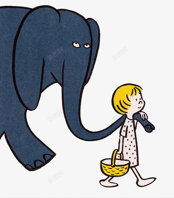 牵着大象鼻子的小女孩png免抠素材_88icon https://88icon.com 创意 动物 篮子 蓝色