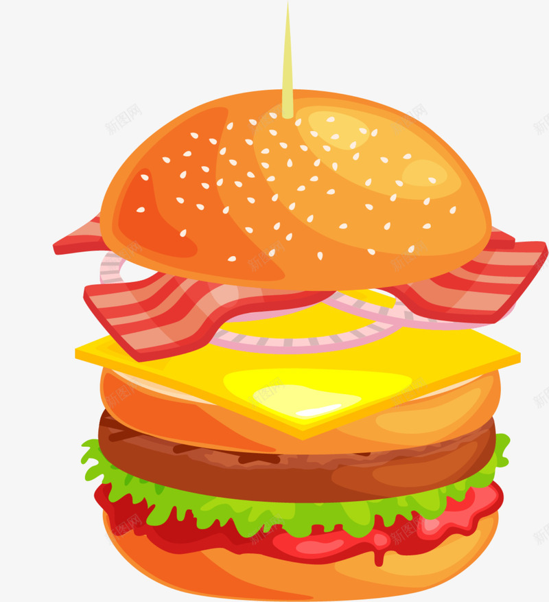 美味多彩汉堡包png免抠素材_88icon https://88icon.com 培根 多彩汉堡包 棕色牛肉 绿色蔬菜 美味汉堡包 黄色面包