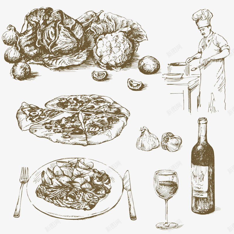 手绘厨房插画png免抠素材_88icon https://88icon.com 披萨 红酒 蔬菜