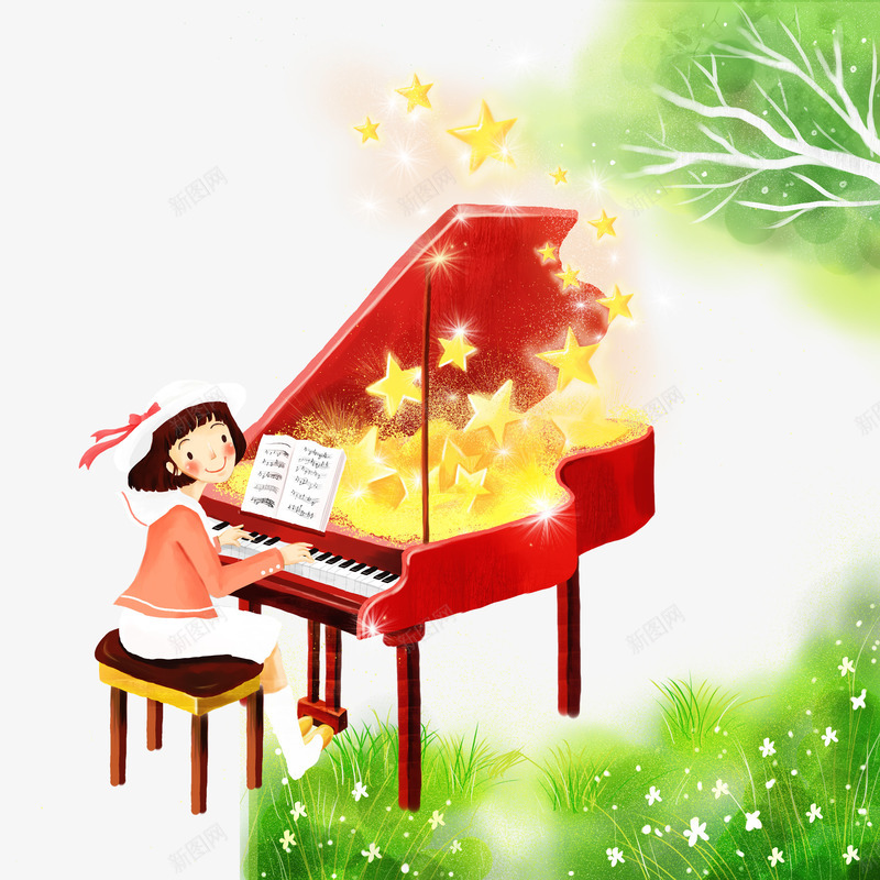 弹钢琴的女孩psd免抠素材_88icon https://88icon.com 儿童弹钢琴 卡通 手绘 绿树 钢琴