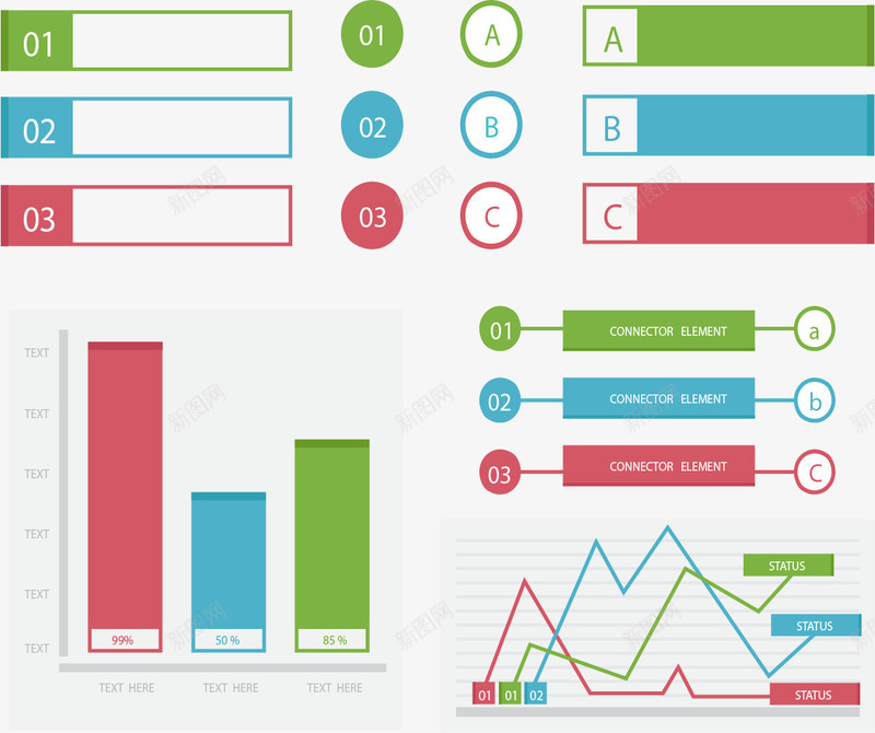 三色ppt信息图表套装png免抠素材_88icon https://88icon.com 信息图表 扁平化 折线图 数据图表 步骤 矢量素材 红色 绿色 蓝色