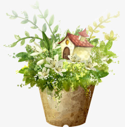 卡通手绘清新绿叶红房子花盆素材