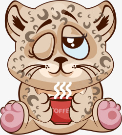 豹插画坐着喝咖啡的小豹子高清图片