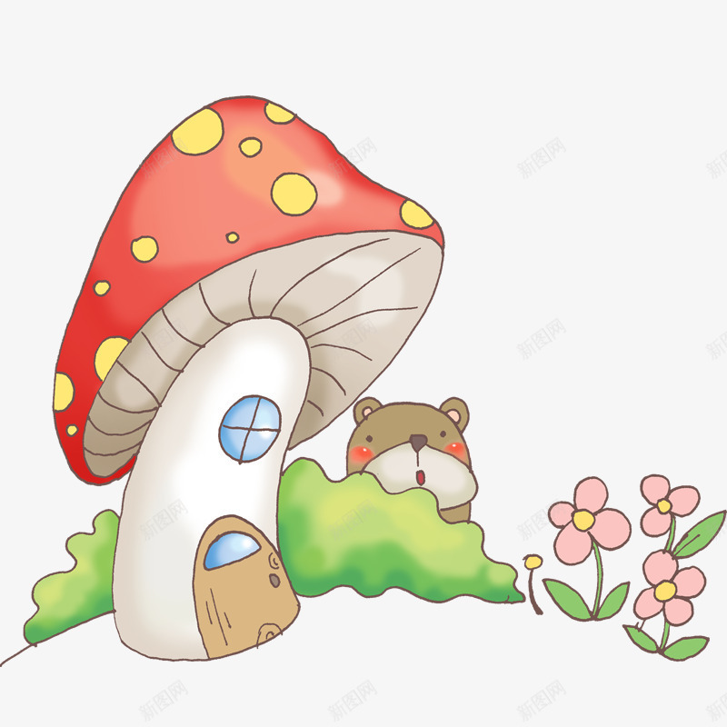 手绘蘑菇屋png免抠素材_88icon https://88icon.com 卡通手绘 卡通花朵 手绘草丛 手绘蘑菇屋