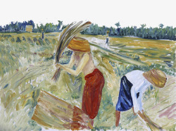油画插图收麦子场景素材