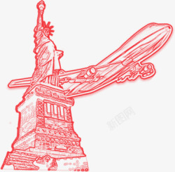 红色手绘飞机旅行自由女神像素材