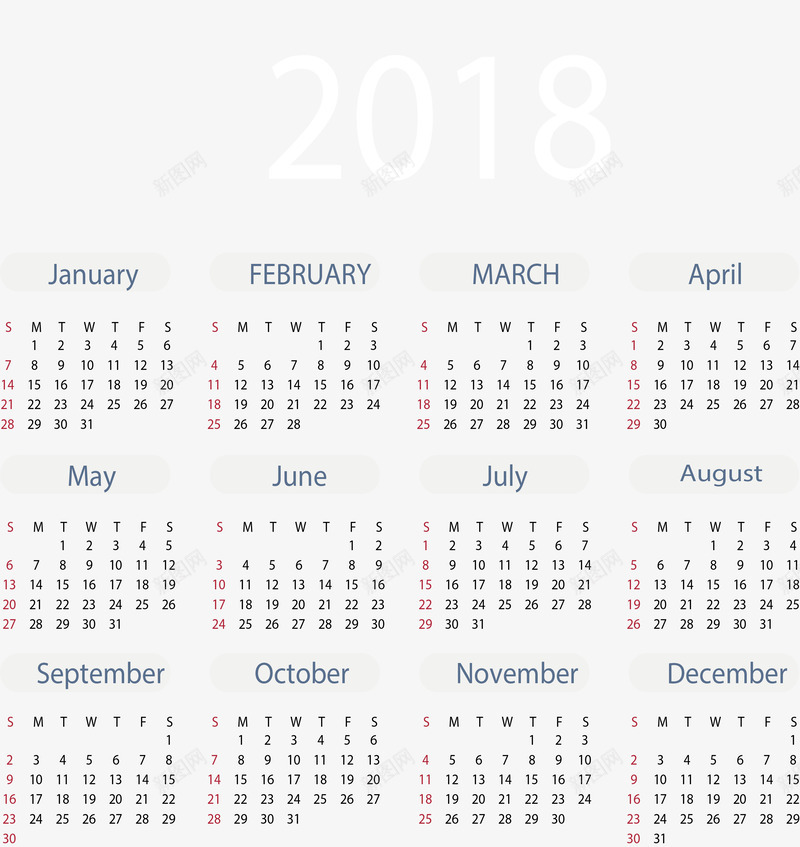 商务2018日历模板矢量图ai免抠素材_88icon https://88icon.com 2018日历 商务日历 日历 矢量png 简约日历 矢量图