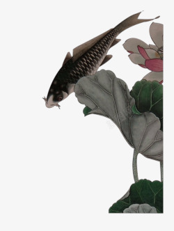 灰色中国风荷塘鲤鱼装饰图案素材
