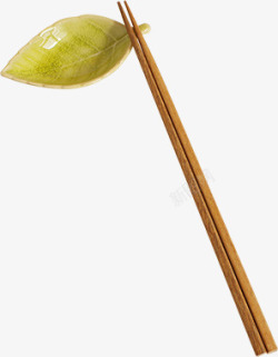 手绘绿色树叶碗碟筷子素材