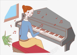 卡通女人弹钢琴素材