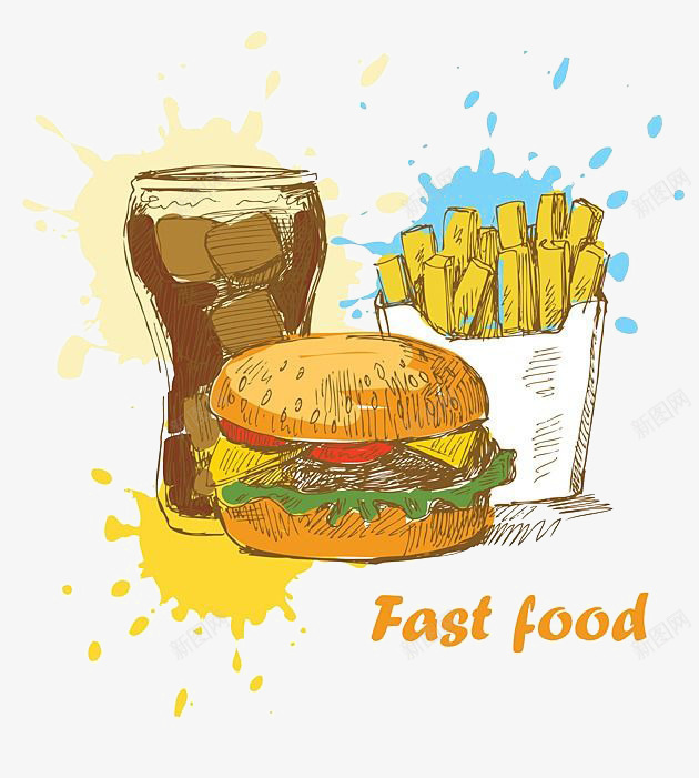 手绘薯条汉堡美食png免抠素材_88icon https://88icon.com 元素 套餐 手绘 画画 美食