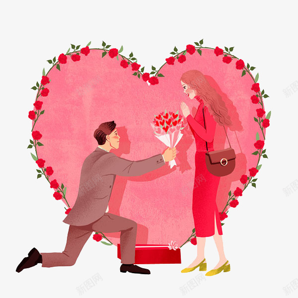 卡通求婚的男人png免抠素材_88icon https://88icon.com 卡通 求婚的男人 红色爱心 红色衣服的女人 花朵花边