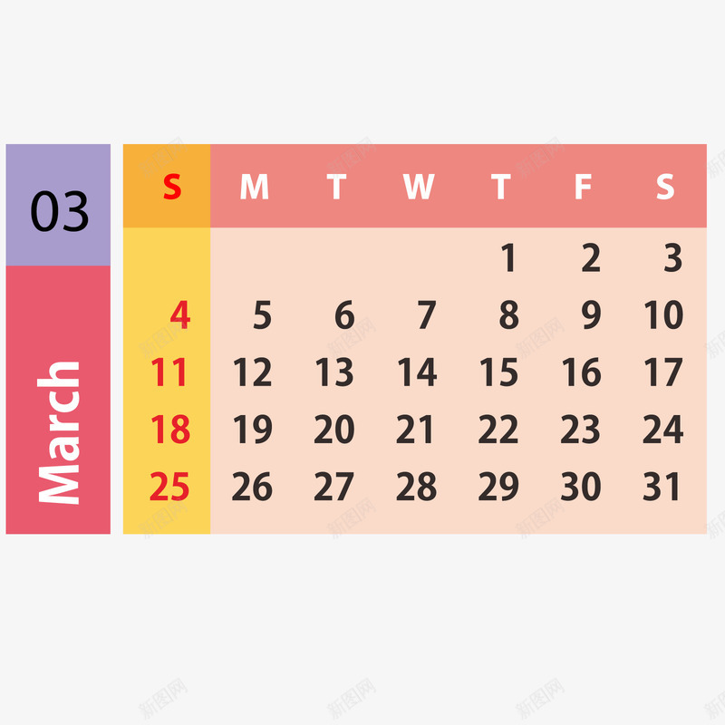 红黄色2019年3月日历矢量图ai免抠素材_88icon https://88icon.com 2019年 3月 3月日历 紫色 红色 黄色 黑色 矢量图