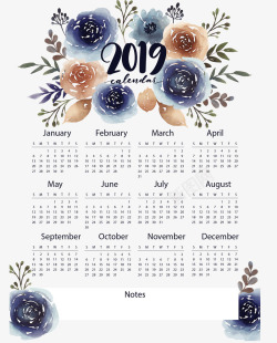 蓝色花丛新年日历矢量图素材