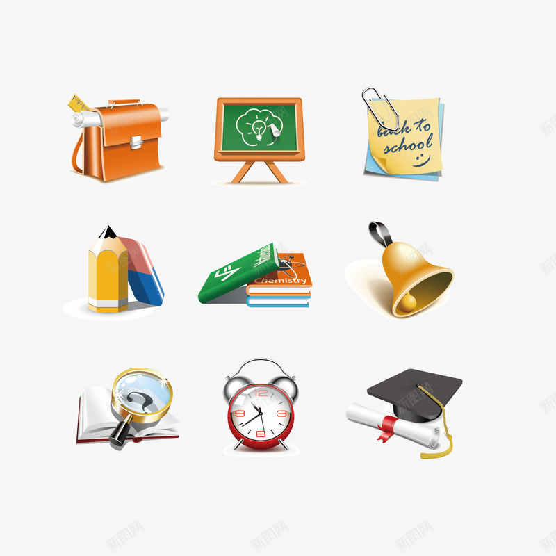 学习用品矢量图ai免抠素材_88icon https://88icon.com 书 书包 学习用品 放大镜 笔 黑板 矢量图