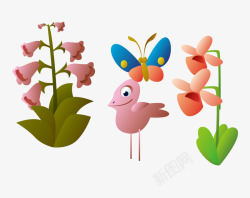 粉色的铃铛花和小鸟素材
