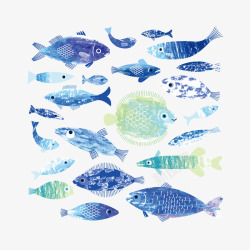 蓝色底纹手绘鱼群矢量图素材
