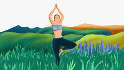 卡通手绘在草丛里练瑜伽的女素材