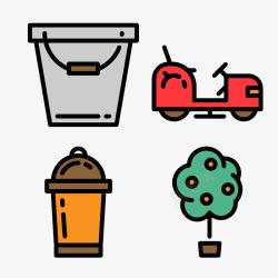 黑色线条水桶小车垃圾桶果树图案素材
