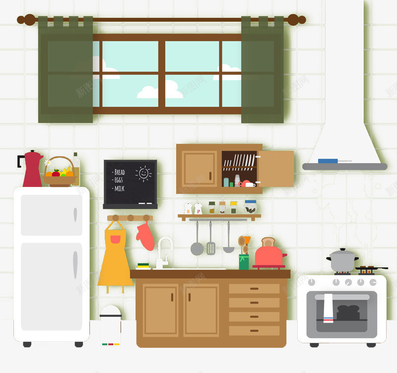 整洁厨房png免抠素材_88icon https://88icon.com 卡通 厨房 扁平化 绿色