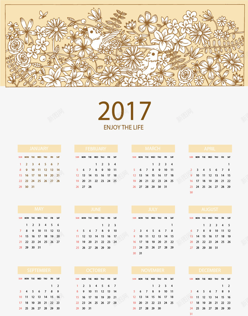 复古花朵背景2017年日历矢量图eps免抠素材_88icon https://88icon.com 2017年 复古 挂历 日历 矢量素材 花朵背景 矢量图