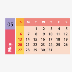 红黄紫色2019年5月日历矢量图素材