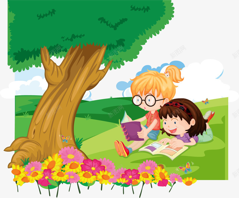手绘在户外看书的小女孩png免抠素材_88icon https://88icon.com 小女孩 手绘 树下读书 看书