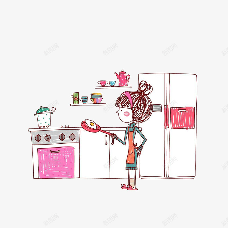 厨房煎蛋的女孩psd免抠素材_88icon https://88icon.com 冰箱 卡通女孩 厨房简笔画 插画 煎蛋 茶具