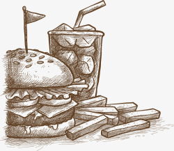 手绘风素描汉堡薯条矢量图素材