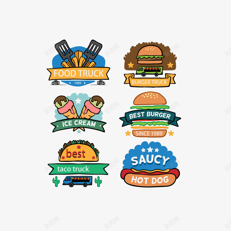 卡通快餐食物标签矢量图ai免抠素材_88icon https://88icon.com 快餐 标志 汉堡 食物 矢量图