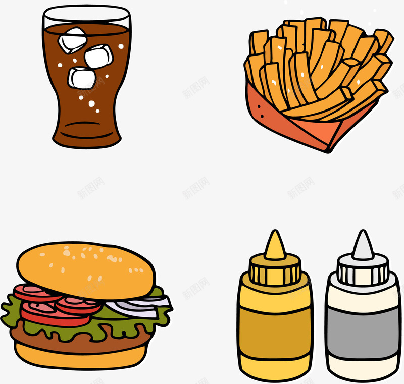 手绘卡通快餐png免抠素材_88icon https://88icon.com 卡通 可乐 快餐 手绘 汉堡 薯条 酱料