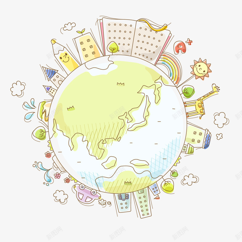 手绘彩色的地球插画矢量图ai免抠素材_88icon https://88icon.com 保护地球 手绘 插画设计 爱护地球 风景 矢量图