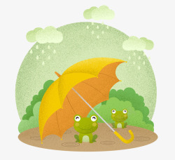 卡通手绘伞下躲雨的青蛙素材