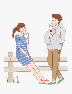 卡通吃冰淇淋的情侣图素材