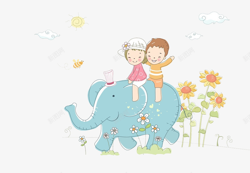 骑大象的孩子png免抠素材_88icon https://88icon.com 卡通 向日葵 大象 孩子 手绘