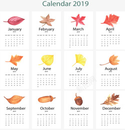 树叶日历彩色树叶2019日历矢量图高清图片