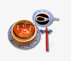 产品实物大闸蟹蒸笼酱油盘子筷子素材