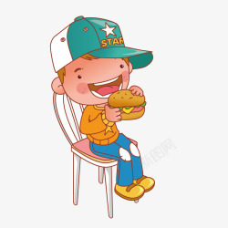 坐凳子吃汉堡的卡通小男孩素材