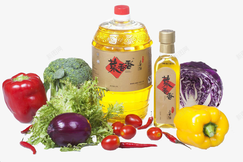 蔬菜食用油png免抠素材_88icon https://88icon.com 厨房调料 厨房食用油 小番茄 油 篮子 菜叶 蔬菜 西兰花 青椒 食用油