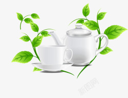 白色茶具与绿叶素材