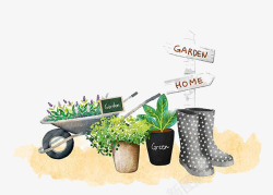 花罐生态园艺花植物罐手推车标识水彩图标高清图片